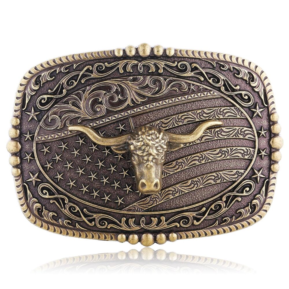 5919 Long Horn Bull Western American Flag Belt Buckle Cowboy Bison Belt